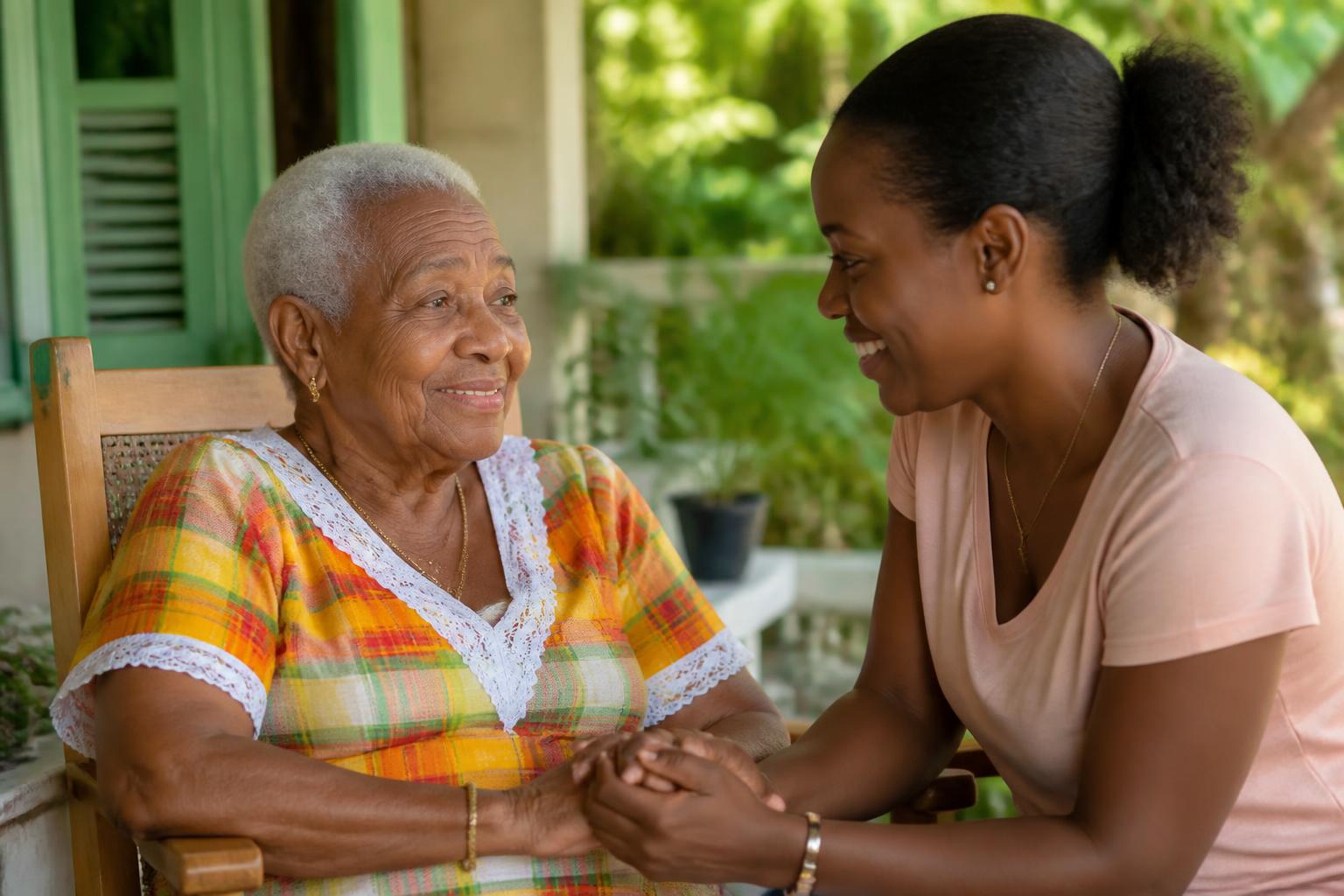 Mamie antillaise et son aidante échangeant un moment de tendresse en Martinique